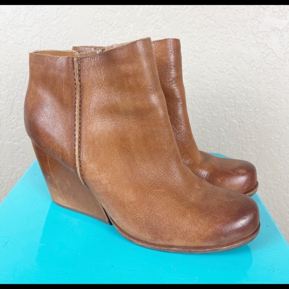 Beautiful cognac leather wedge booties